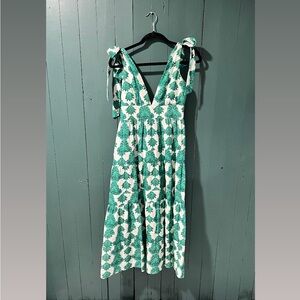 HOUSE OF HARLOW Green and White Paisley Shoulder-tie Dress